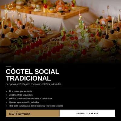 Cóctel Social Tradicional · 10 a 19 asistentes