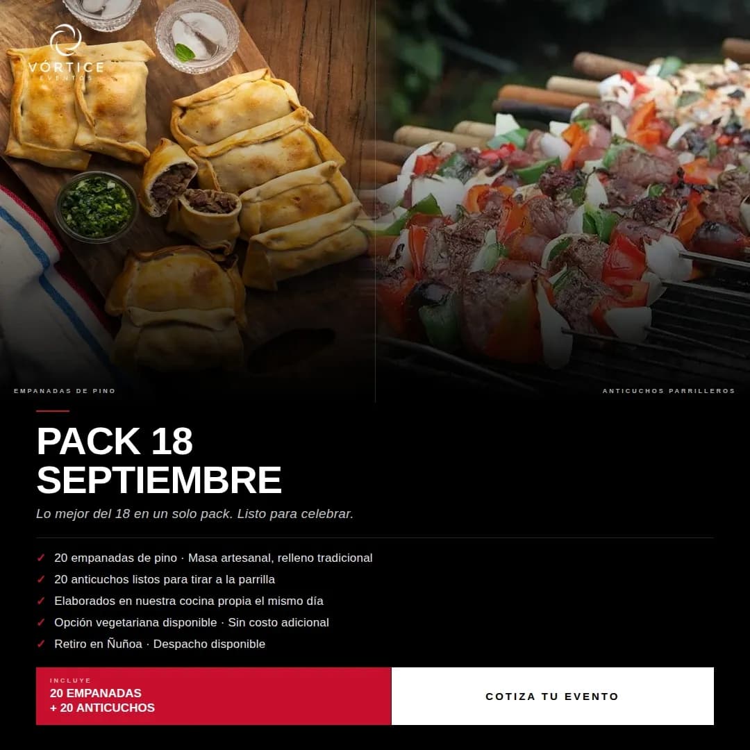 Pack 18 de Septiembre · 20 Empanadas + 20 Anticuchos XL